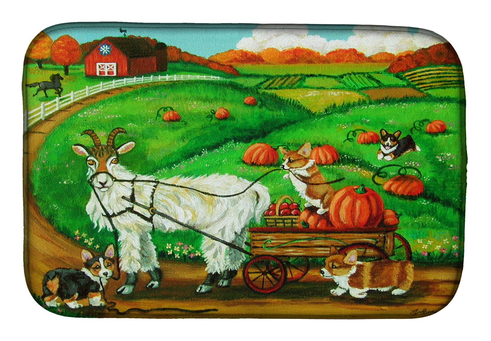 Caroline's Treasures Corgi Pumpkin Ride with Goat Dish Drying Mat