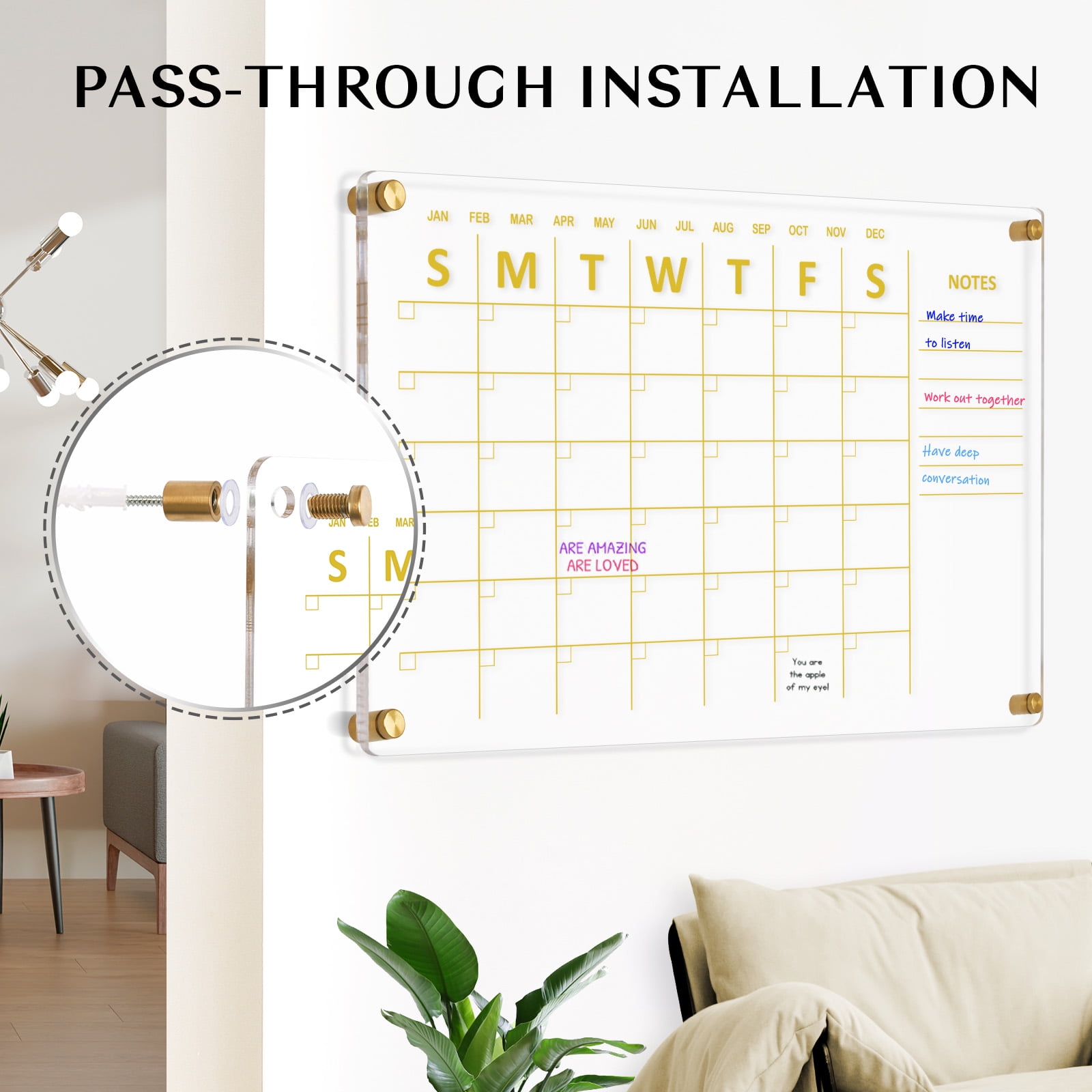 DOLLAR BOSS Acrylic Calendar for Wall Whiteboard, 24''x16'' Weekly Clear Dry Erase Board, Wall Hanging Non-Magnetic Floating Frameless Gold Print Whiteboard with Markers, for Home, Office. Wall Decor