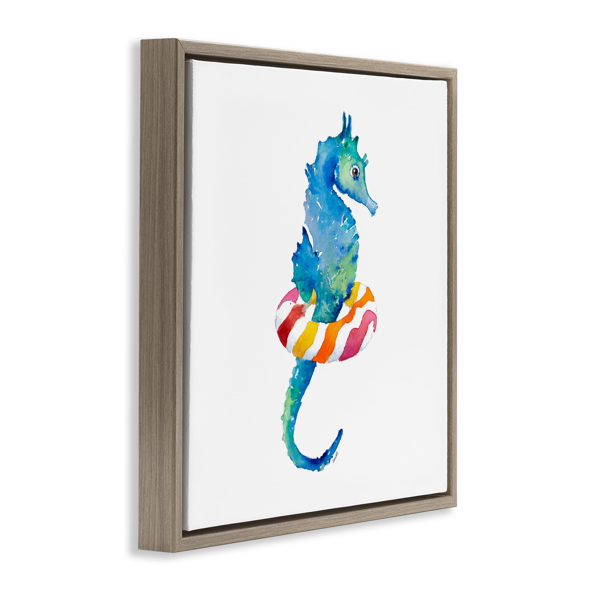 Stupell Industries Summer Float Seahorse Novelty Painting Brown Floater Framed Canvas Art Print Wall Art, 18 x 18