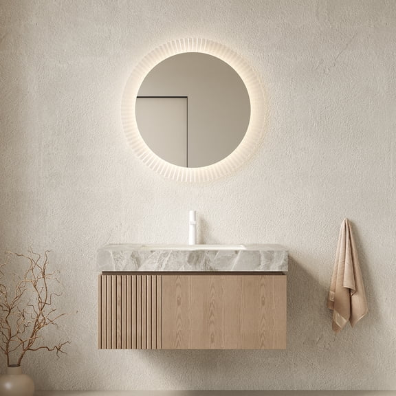FFZ 30-36'' Floating Bathroom Vanity with Sink Wall-Mounted Plywood Cabinet, Soft-Close Drawer & Doors, Premium Sintered Stone Countertop in Light Grey, Undermount Ceramic Basin, Pre-Drilled Faucet