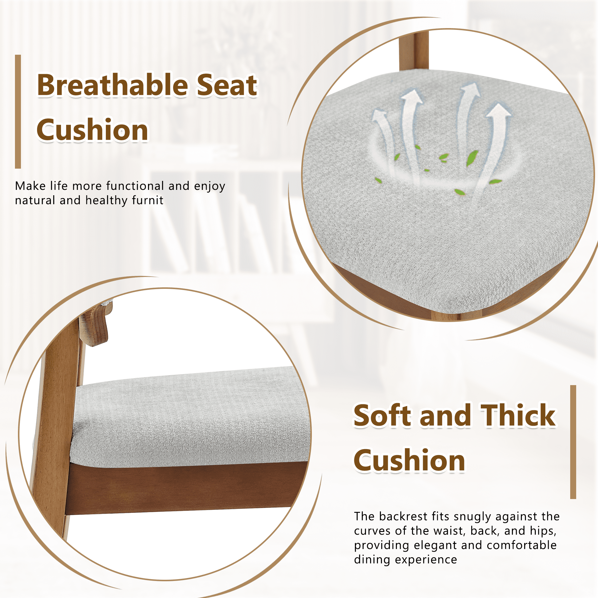 Leumius Dining Chairs Set of 2, Gray Soft Fabric Packaging on the Backrest and Seat Cushion, Hollowed Out Backrests for Kitchen Dining Room