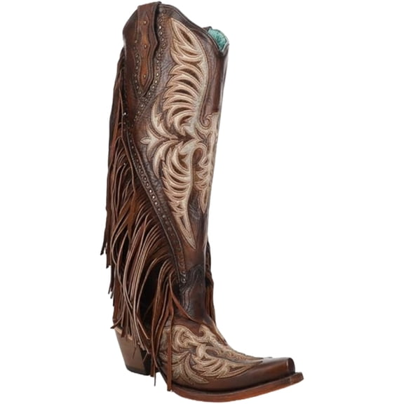 Corral Boots Womens Eagle Embroidered Studded Fringe Tall Snip Toe Cowboy
