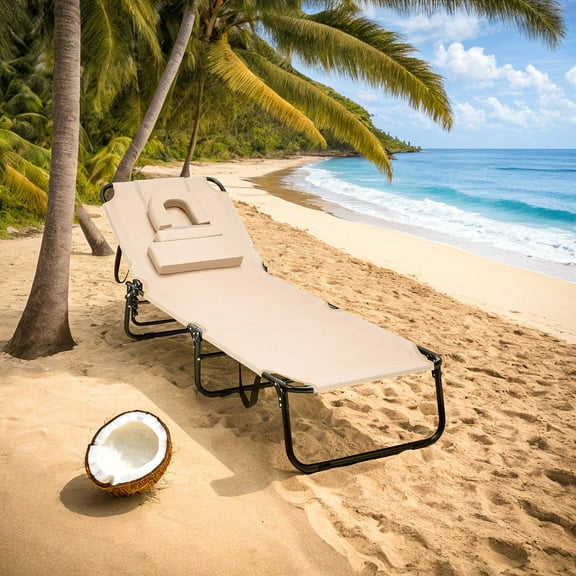 Aimee Lii Beach Chaise Lounge Chair with Face Hole and Removable Pillow, Patio Loungers, Beige