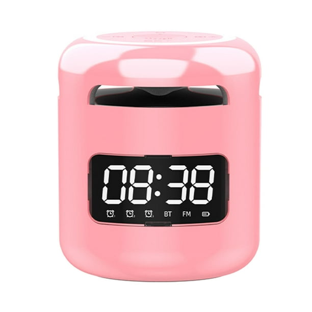 Altavoz Bluetooth, reloj despertador mini, recargable por USB, con radio FM, pantalla digital, sonido HD, luz nocturna, tarjeta TF para el hogar y adolescentes. Rosa