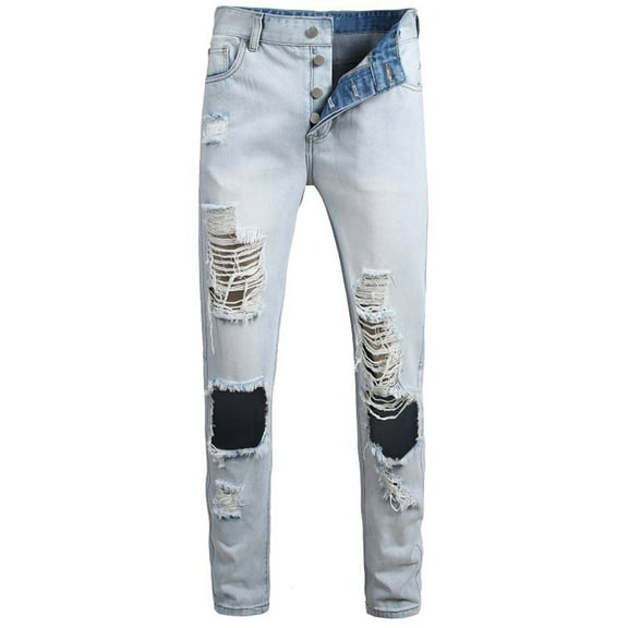 IROINNID Jean Pants For Men White Wash Stretch Retro Big Hole Slim Beggar Jeans Rigid Waist Skinny Full-Length Solid Jean Pants