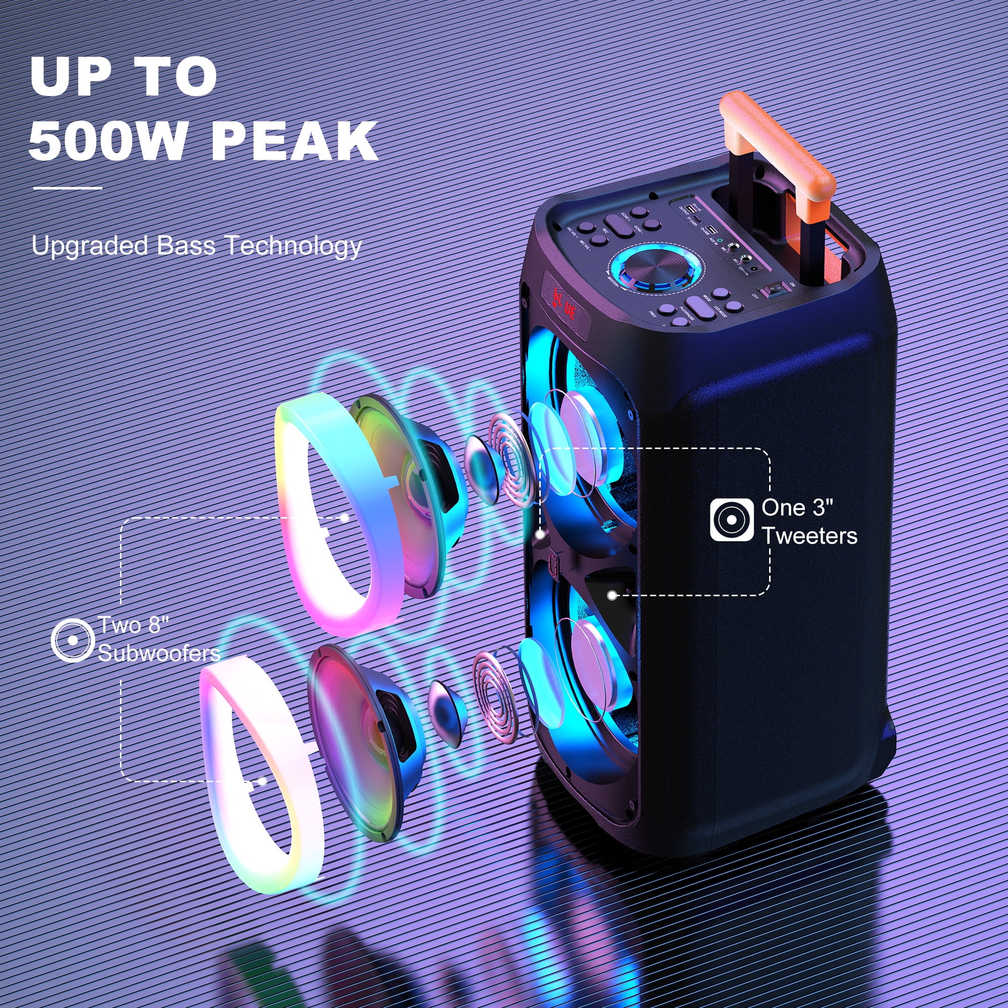 FanFun Large Party Speaker, Bluetooth Speaker with Wheels for Outdoor, Deep Bass System with Led Party Lights, Trolley Bar