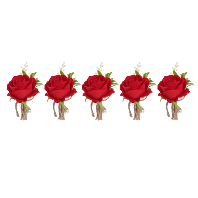 5PCS Wedding Boutonniere Pin Fixed Plastic Artificial Flower Corsage for Bride and Groom Red