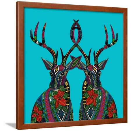 - Poinsettia Deer Blue Framed Print Wall Art By Sharon Turner