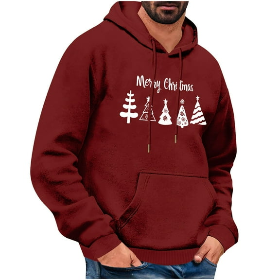 Men's Christmas Hoodie with Santa Claus and Tree Graphic Long Sleeve Drawstring Pullover Sweatshirt with Pockets Festive Holiday Hooded Top