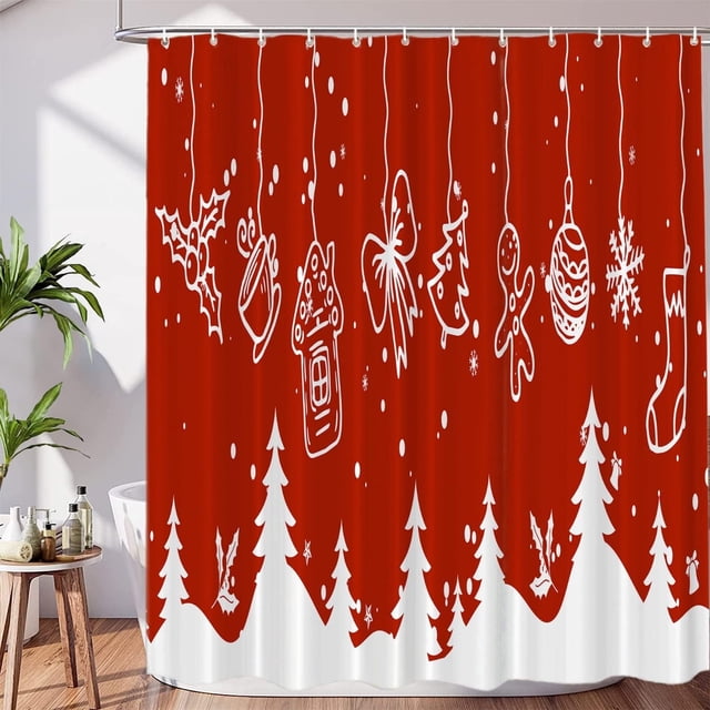 Merry Christmas Decor Shower Curtain Set,White Fir Tree with Holidays Objects in Red Polyester Shower Curtain for Shower Stall Bathroom Waterproof with 12 Hooks 72x72 Inch