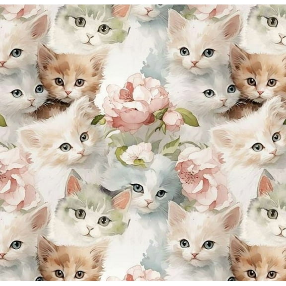 Cotton Shabby Chic Cats Kittens Cats Kitties Flowers Watercolor Look David Textiles Cotton Fabric Print by the Yard (DX-6328-5C)