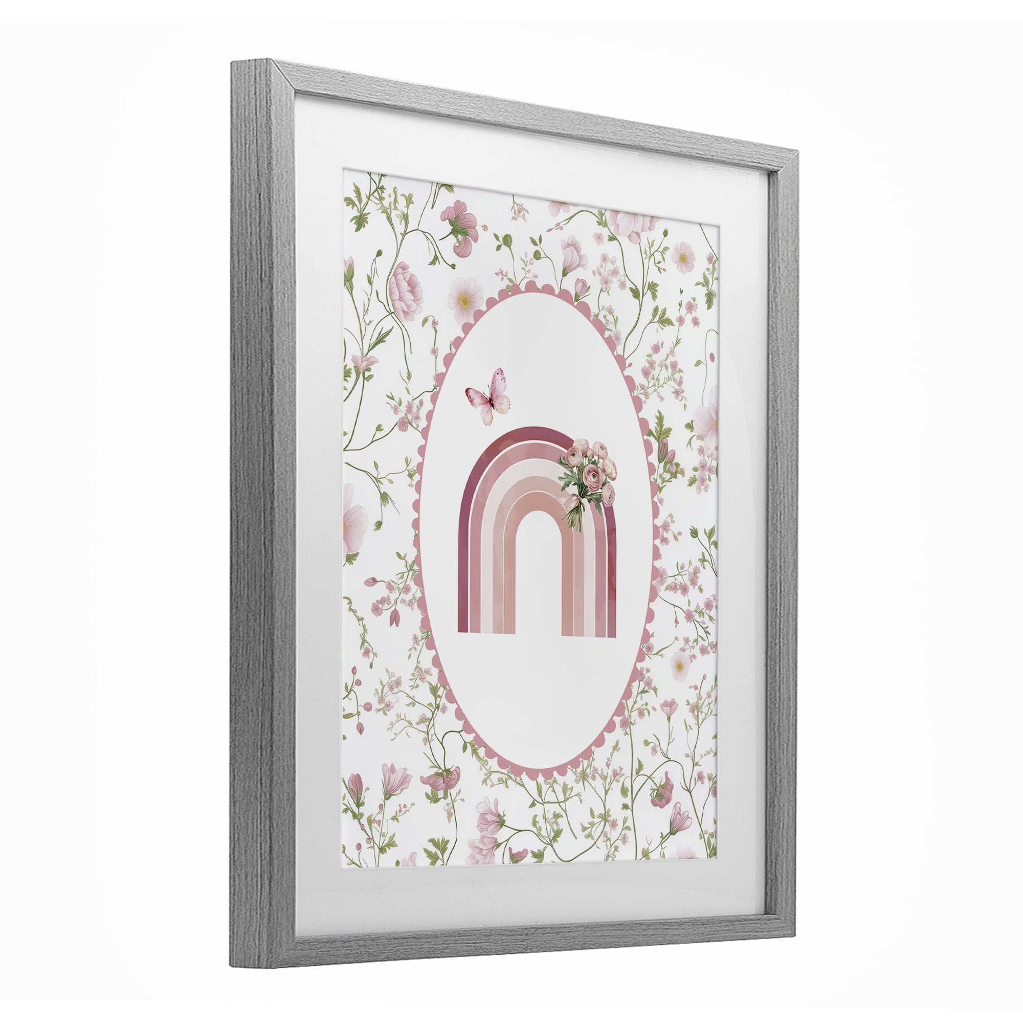 Delicate Florals & Rainbow Gray Framed Print Under Glass, design by Christine Simpson Art