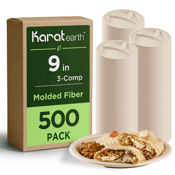 Karat Earth 3 Compartments, 9'' Paper Round Plates, Molded Fiber, Natural - 500 pcs