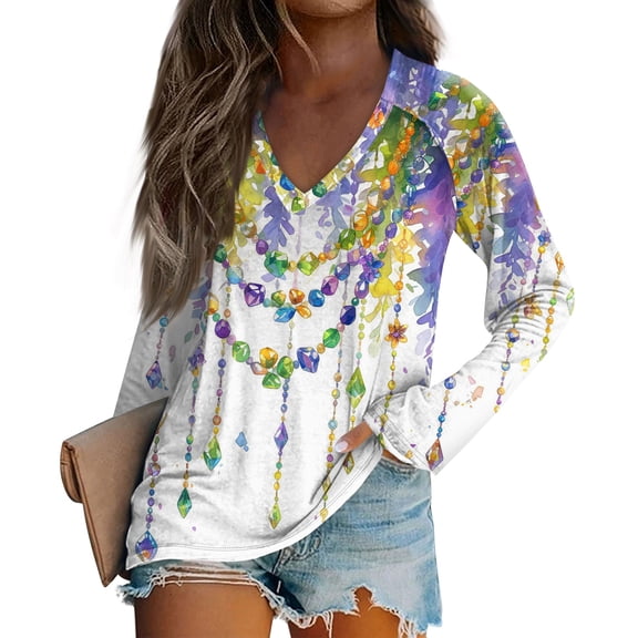 Mardi Gras Shirts for Women Carnival Feathers Print V Neck Tunic Tops Mask Print Long Sleeve Purple Blouse White L