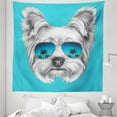 thumbnail image 1 of Yorkie Tapestry, Yorkshire Terrier Portrait with Cool Mirror Sunglasses Hand Drawn Animal Art, Fabric Wall Hanging Decor for Bedroom Living Room Dorm, 5 Sizes, Blue White, by Ambesonne, 1 of 1