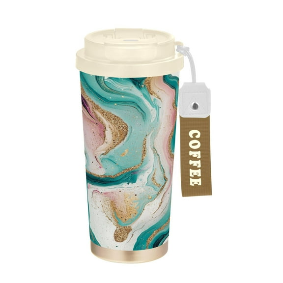 500ml Double-Wall Vacuum Insulated Tumblers Stainless Steel Coffee Tumbler with Ceramic Coating Teal Swirling Marble Pattern