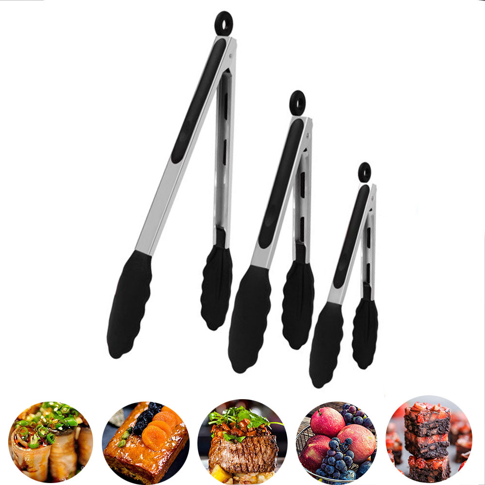 FULIER 3Pcs Stainless Steel Kitchen Tongs Silicone Cooking Tongs Black