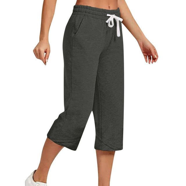 Innerwin Capris Solid Color Women Capri Pants Holiday Straight Leg Loose Fit Trousers Dark Gray S