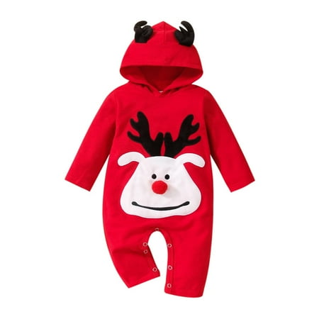 

Honeeladyy Winter Baby Boys Girls Autumn Christmas Clothes Elk Jumpsuit Long Sleeve Bodysuit Hooded Romper Red Discount