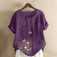 thumbnail image 2 of womens tops,Cotton Linen Tops for Women Loose Fit Casual Roll Up Short Sleeve T-Shirt Trendy Cute Floral Print Blouse 2026 Summer, 2 of 4