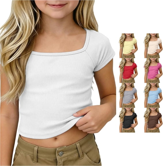 Ytxxxx Girls Ribbed Knit Crop Top Short Sleeve Square Neck Raglan Basic Shirt White 11-12 Years