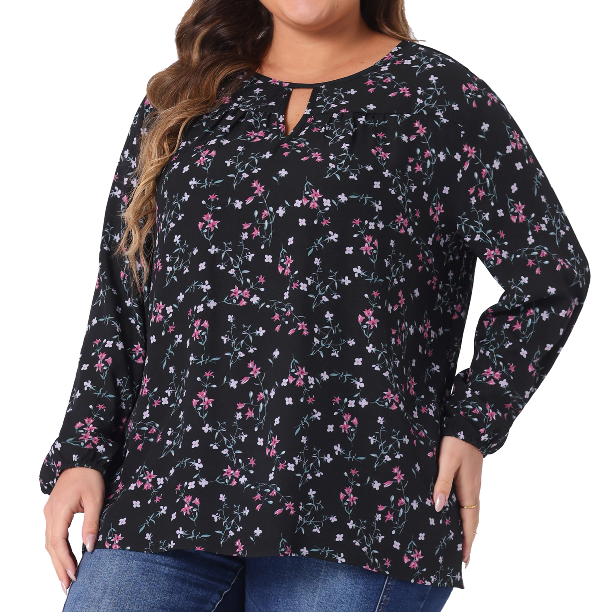 DARING DIVA Women's Plus Chiffon Keyhole Long Sleeve Retro Ditsy Floral Top 1X Black Pink