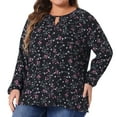thumbnail image 2 of DARING DIVA Women's Plus Chiffon Keyhole Long Sleeve Retro Ditsy Floral Top 2X Black Pink, 2 of 6