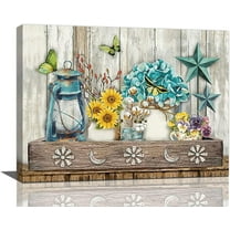 Farmhouse Bathroom Decor Wall Art Rustic Sunflower Hydrangea Butterfly Bathroom Pictures For Wall Country Canvas Print Artwork For Bathroom Living Room Kitchen Bedroom Framed 16"x12"