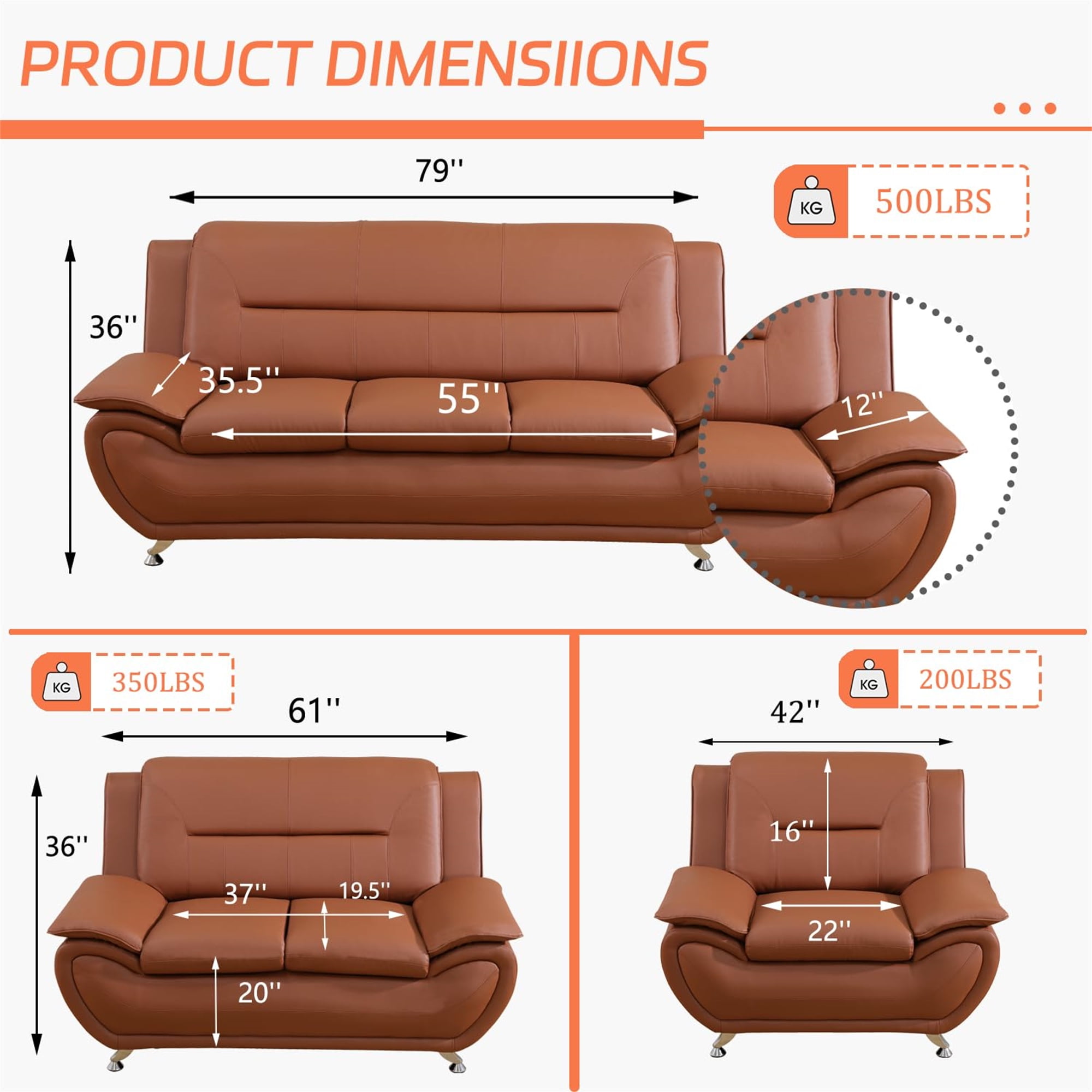 Aukfa 3 Piece Sofa Set - 46" Wide Upholstered Sofa Couch Armchair, Leather, Orange