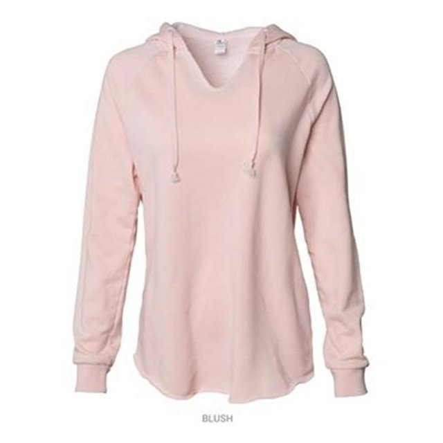 Independent Trading B26776306 Women's Lightweight California Wave Wash Hooded Sweatshirt in blush, extra large size. A women's sweatshirt featuring raglan sleeves, blindstitch and coverstitch detailing, sewn eyelets, and twill neck tape. Made from a 55/45 ringspun cotton/polyester blend 3-end fleece.