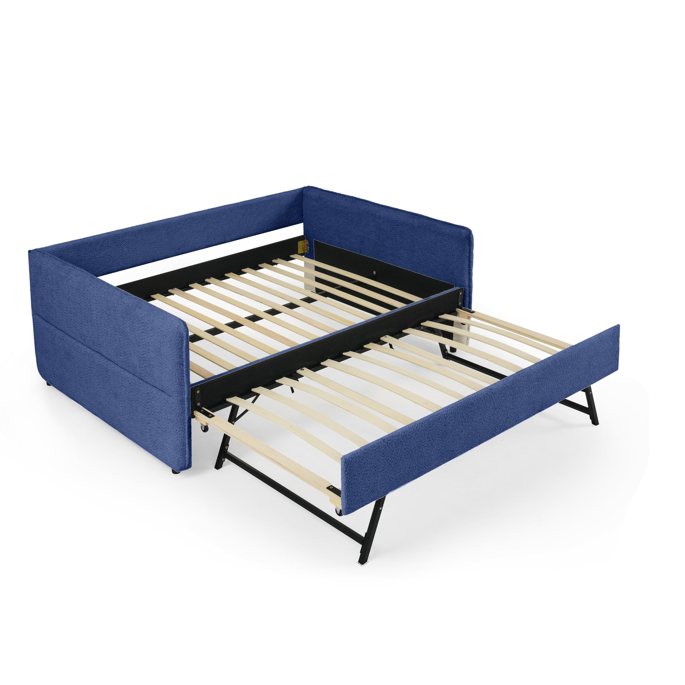 Noble House Zenton Full Size Boucle Daybed, Tufted Sofa Bed Frame with Trundle, Modern Guest Sleeper Couch, Blue