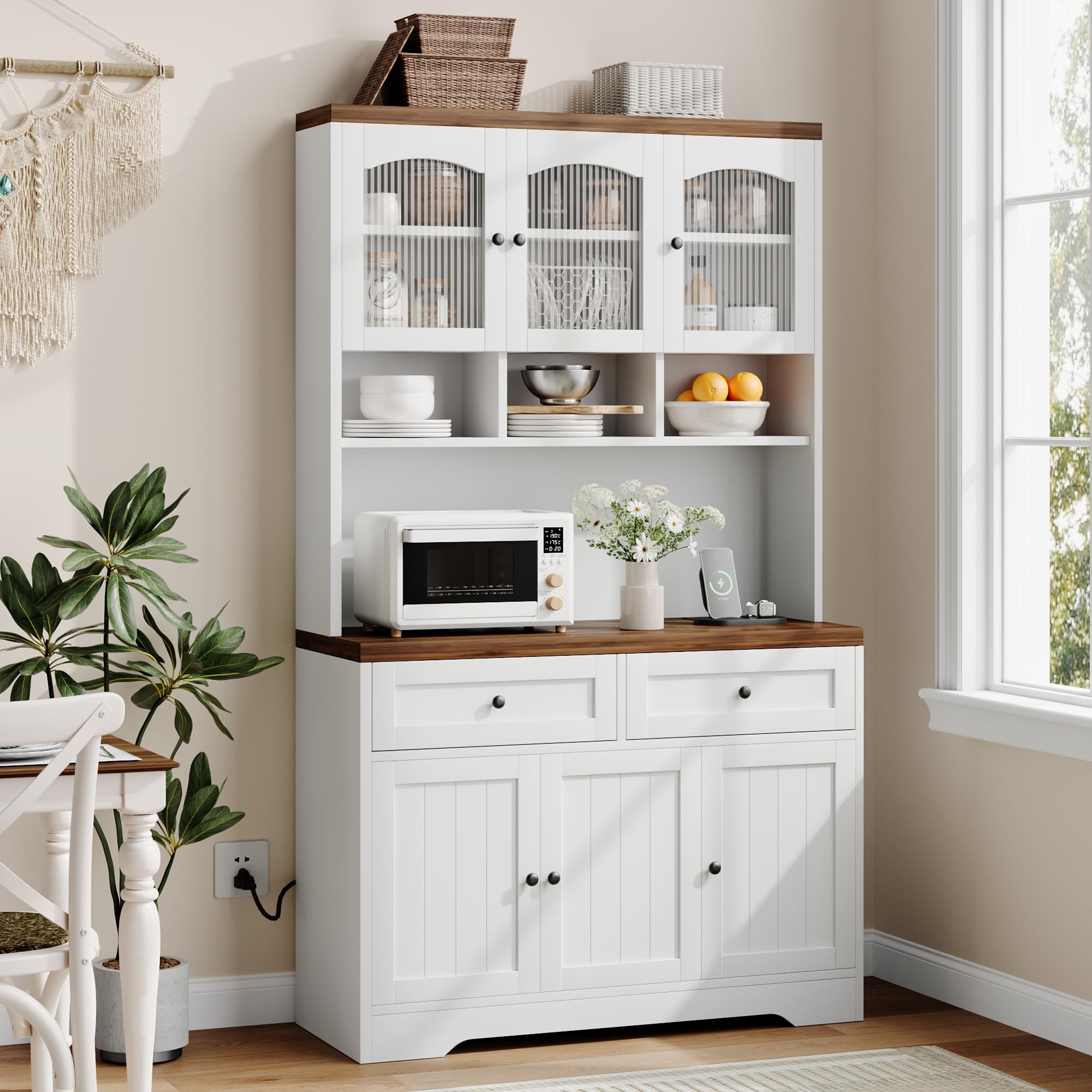 70.8" Tall Kitchen Pantry Cabinet with Charging Station, Storage Cabinet with Hutch, Fluted Glass Doors for Dining Room, White