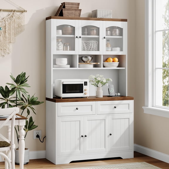 Gaderth Pantry Cabinet with Charging Station, Tall Kitchen Pantry Storage Cabinet with Hutch, 70.8 Inch Kitchen Cabinet, Kitchen Hutch with Storage Drawers, Fluted Glass Doors
