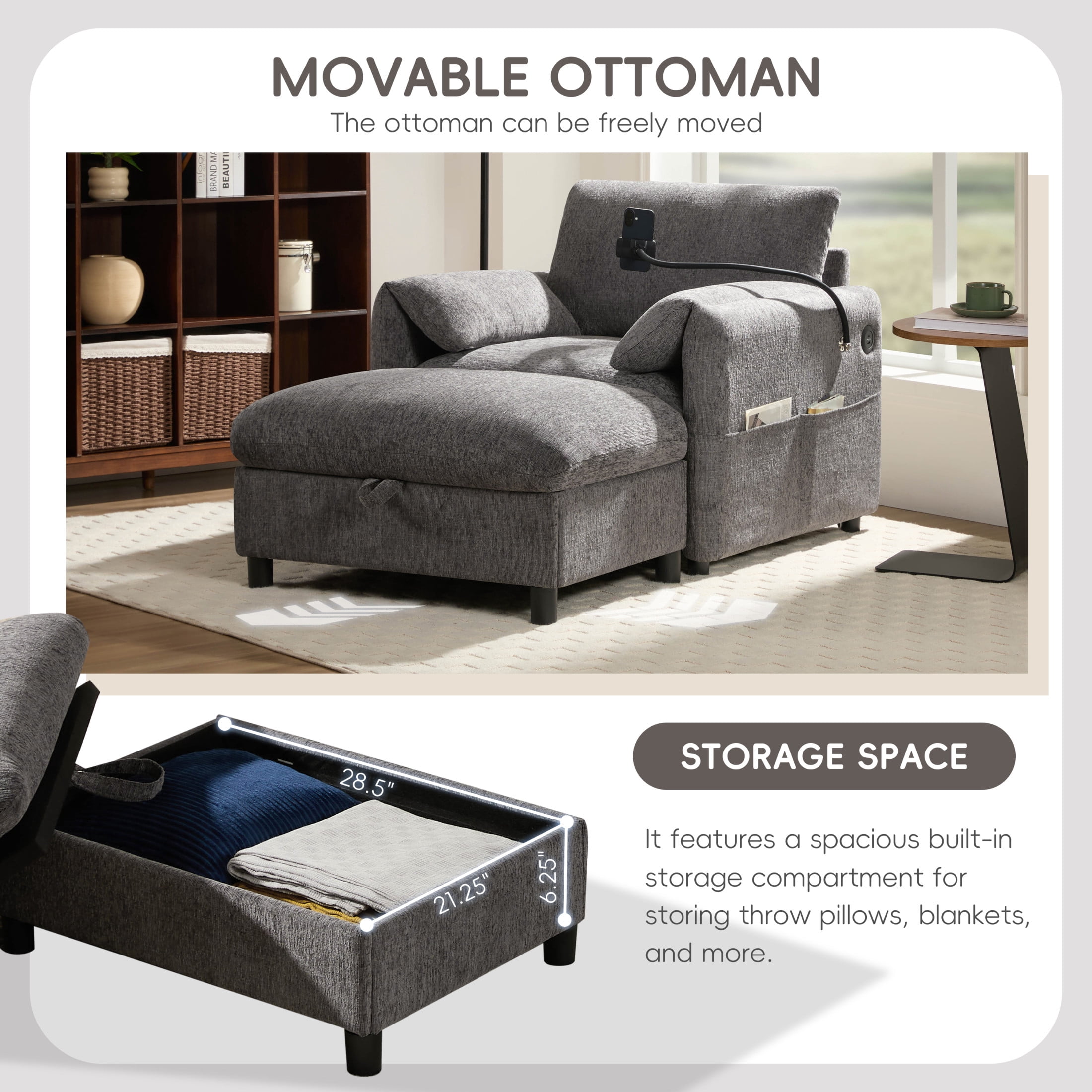 Noble House Odette 37" Chenille Upholstered Armchair with Storage Ottoman and Charging Port, Cloud Chaise Lounge, Gray