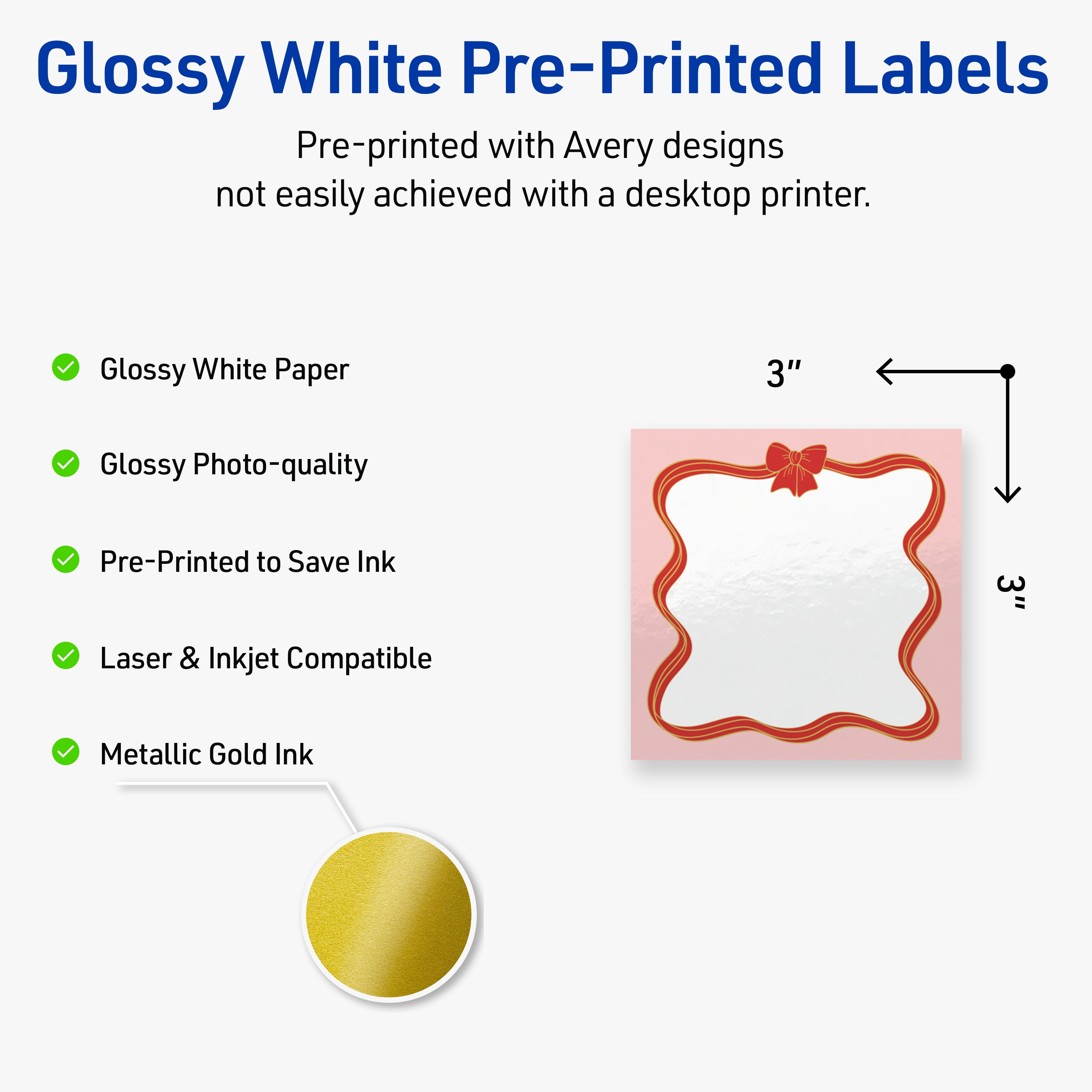 Avery Labels, 3" x 3", Gold-Pink Bow, Glossy, 60ct