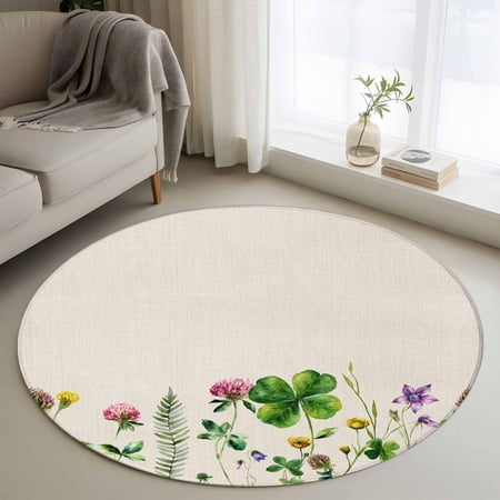 Area Rug 48in St. Patrick s Day Shamrock Floral Floor Carpet Living Room Rug Irish Plant Clovers Leaves Non-Slip Welcome Mat Indoor Rugs for Bedroom Dining Room