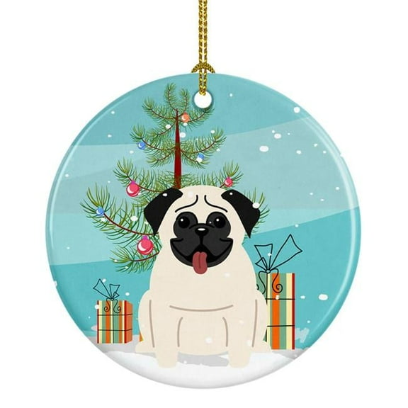 Merry Christmas Tree Pug Cream Ceramic Ornament