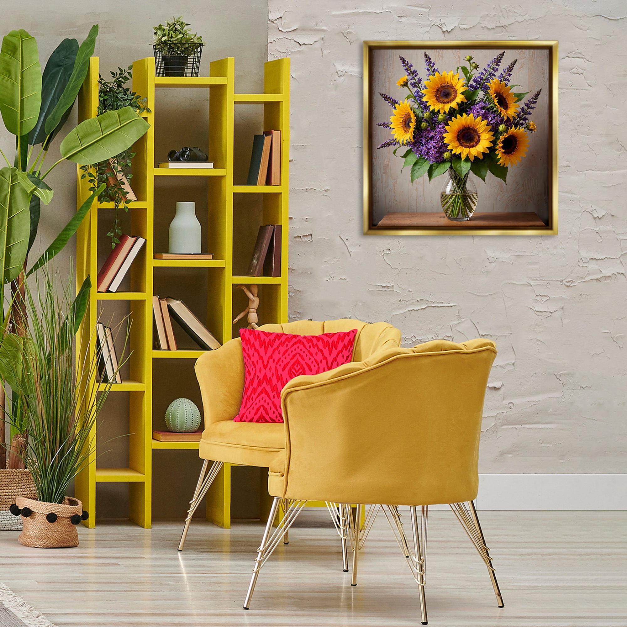 Stupell Industries Sunflower & Lavender Bouquet Plants & Flowers Painting Gold Floater Framed Canvas Art Print Wall Art, 25 x 25