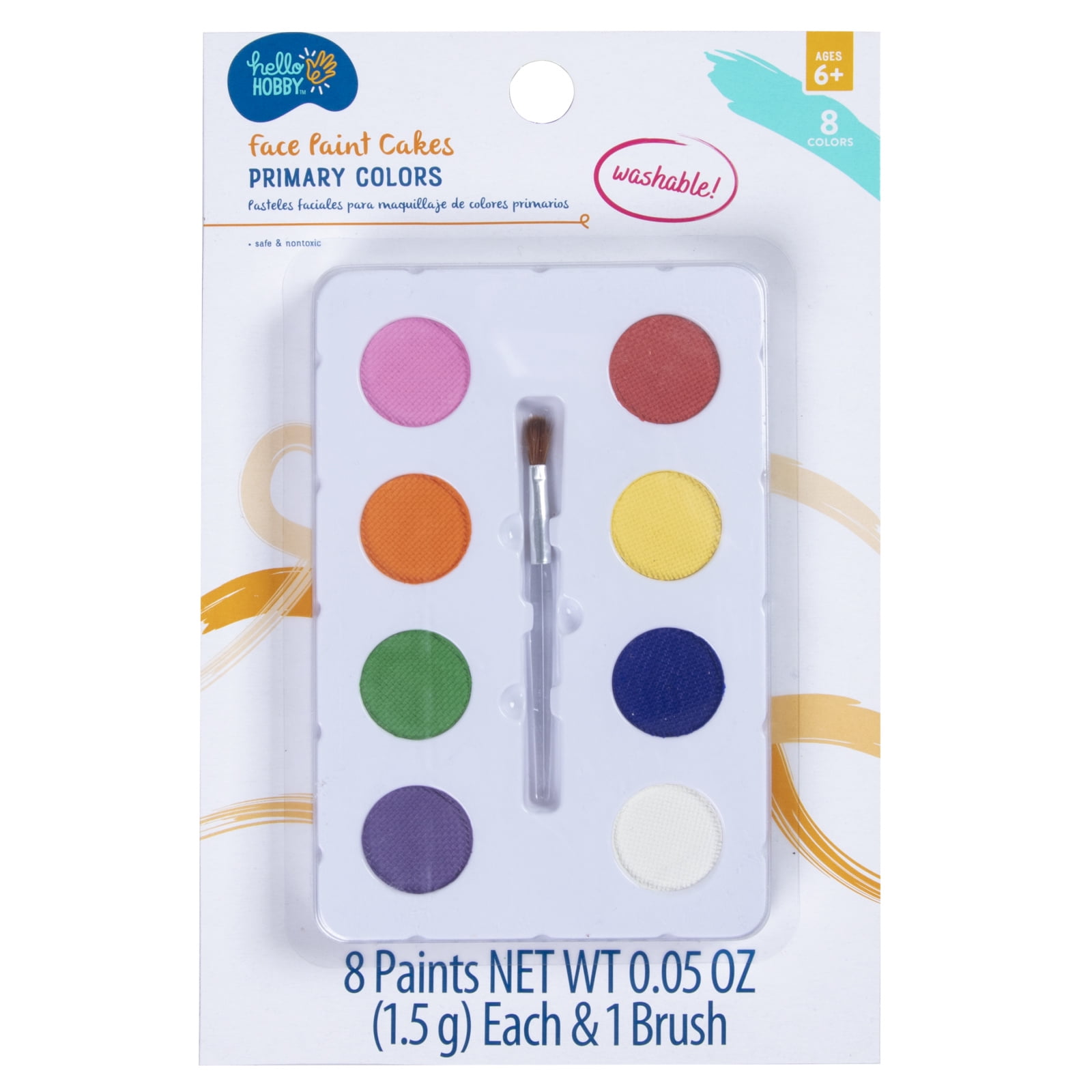 Hello Hobby Face & Body Paint 8 Color Tray with Brush, Primary Colors, Washable
