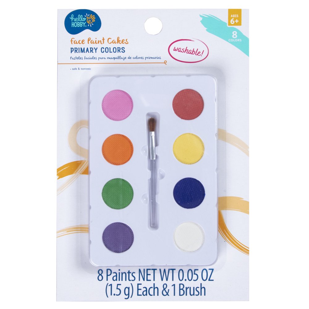 Hello Hobby Face & Body Paint 8 Color Tray with Brush, Primary Colors, Washable