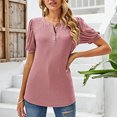 thumbnail image 2 of Camisa de manga abullonada con botones en la parte delantera, cuello redondo, estilo informal, camiseta diaria para mujer, 2 of 6