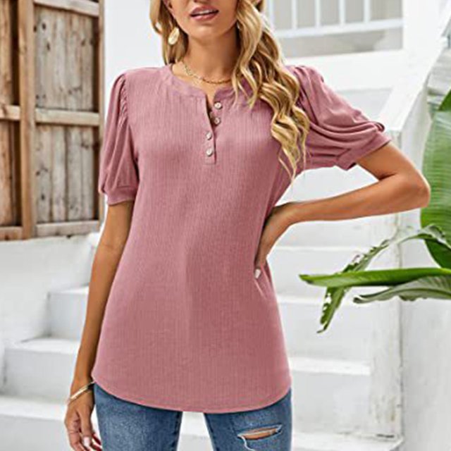 Top casual con cuello redondo, camisa con mangas abullonadas, camisa con mangas abullonadas, camisa con cuello redondo, durabilidad extendida