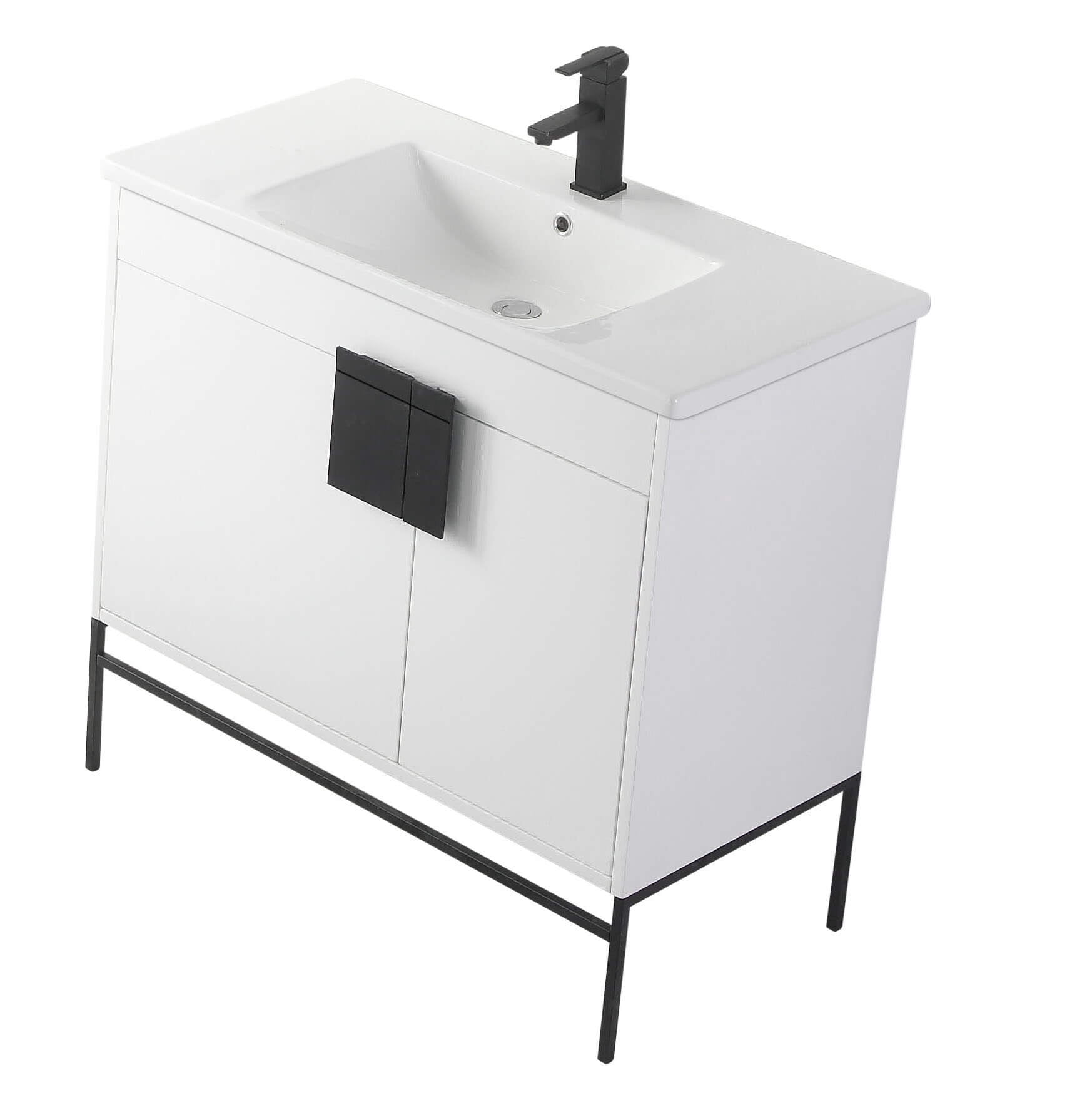 Fine Fixtures - Modern White 36" Bathroom Vanity Set, Black Matte Hardware, Vitreous China Sink Top