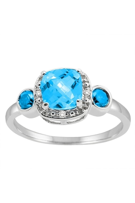 0.02 Carat Cushion Cut Blue Topaz and Diamond Ring in 10K White Gold