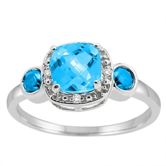 0.02 Carat Cushion Cut Blue Topaz and Diamond Ring in 10K White Gold