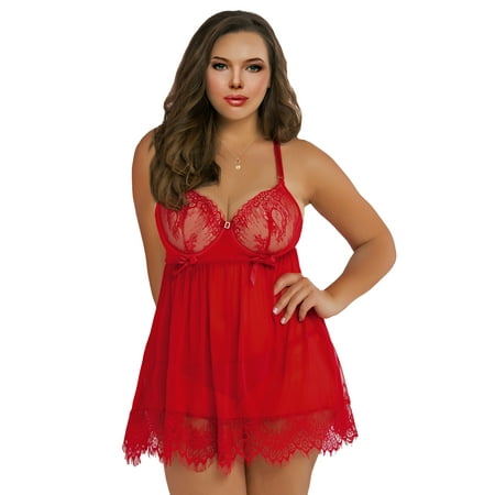 Lacy Line Sexy Eylash Lace And Mesh Underwire Plus Size Babydoll Set