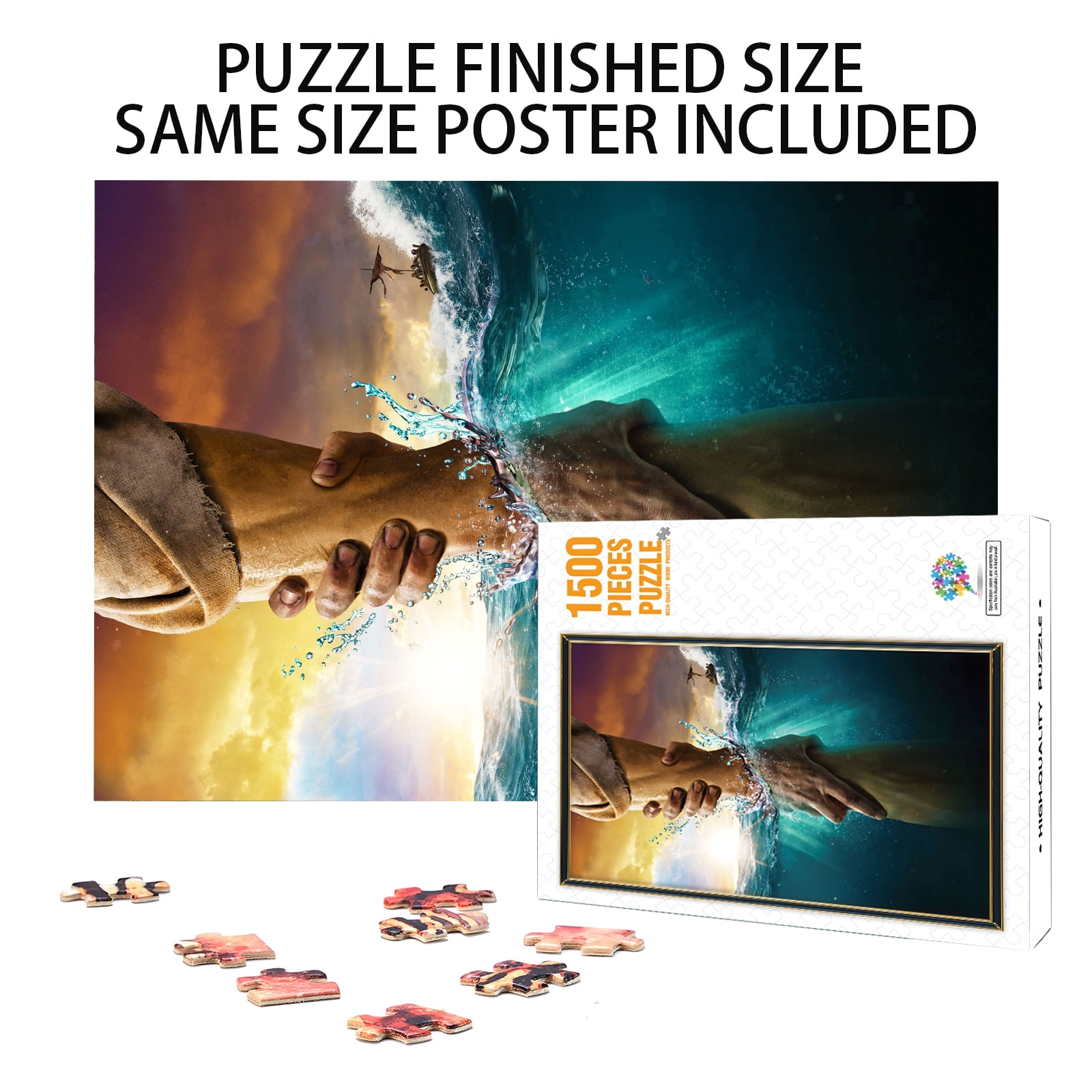 Challenging high difficulty Jesus 1500 pieces,give me your hand, high quality wooden adult jigsaw puzzle, family entertainment, relaxation, decoration and gift giving.Jigsaw puzzle size:34.3X22.4 in
