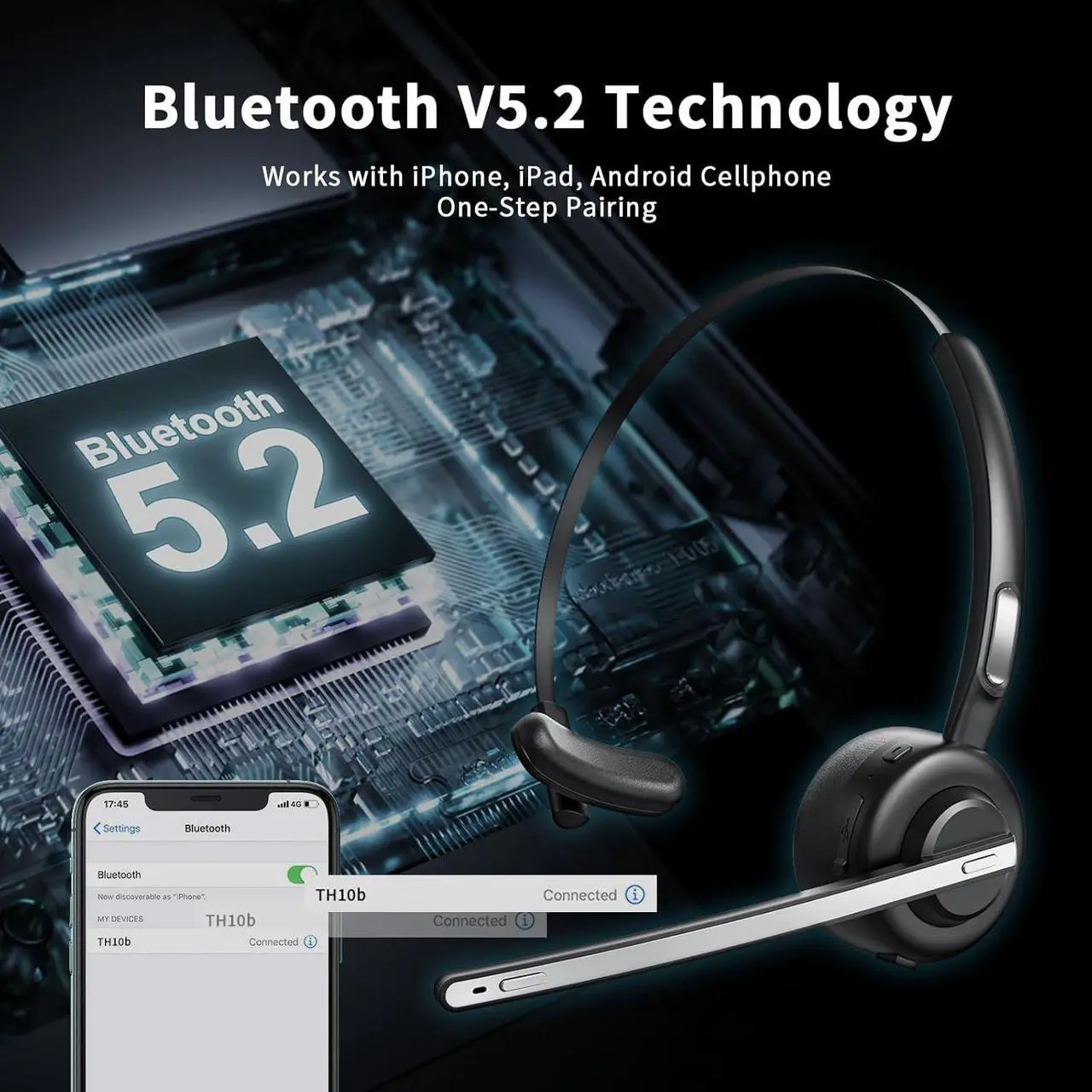 Bluetooth Headset, V5.2 Trucker Wireless Headset with Noise Cancelling Microphone & Charging Base for iPhone Samsung Cell Phone