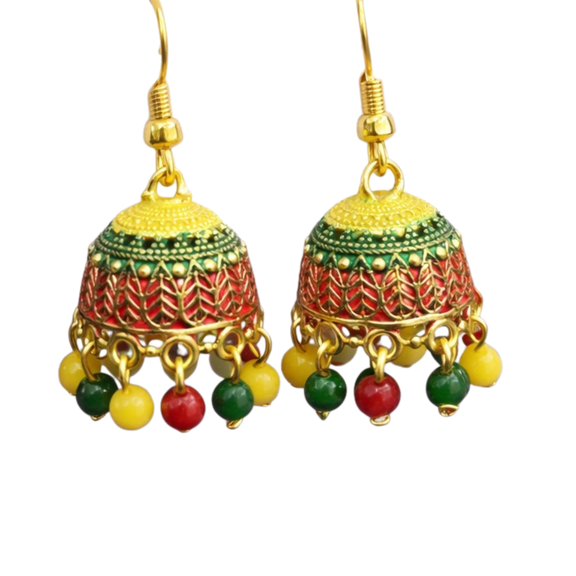 Traditional Multicolor Jhumka Earrings Gold Plated Ethnic Indian Drop Earrings with Beads Festive Jewelry for Women Weddings Parties Celebrations