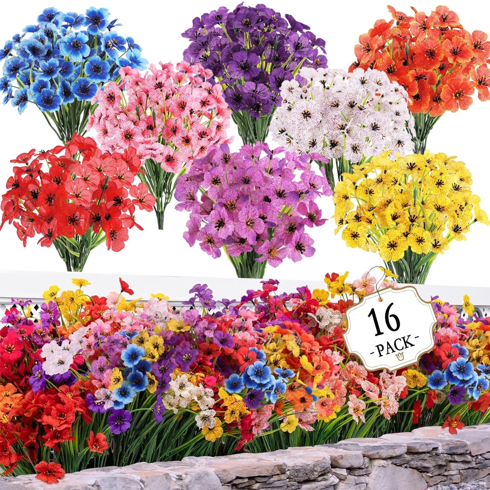 CandWuom 16 Bundles Artificial Flowers for Outdoors/Indoors, Faux Fake Flower Plants for Outside UV Resistant Decor Garden Porch(8 Color)